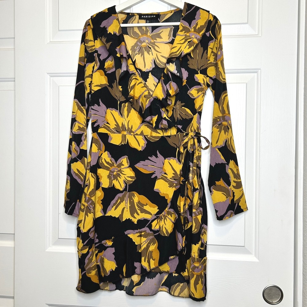 PARISIAN Women Floral Print Faux Wrap Ruffle Long Sleeve Mini Dress Size 8 - Picture 2 of 8